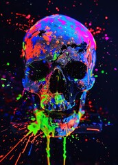 Neon Paint Splattered Skull in Punk Gothic Style