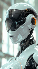 A robot with a white helmet and orange ears
