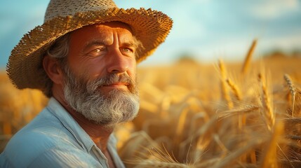 Portrait of senior man in straw hat on wheat field at sunset