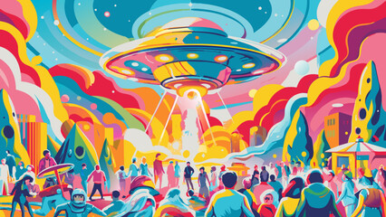 Vibrant Alien Spaceship Landing at a Futuristic Festival