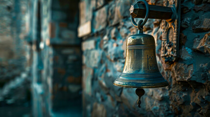 Fototapeta premium A bell hanging from a stone wall