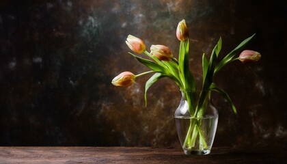 bouquet of pink  tulips in transparent vase on dark table background
