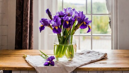 Bouquet of spring irises in a transparent vase on the windowsill
