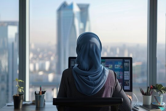 Back view of arabian businesswoman in hijab working in the office