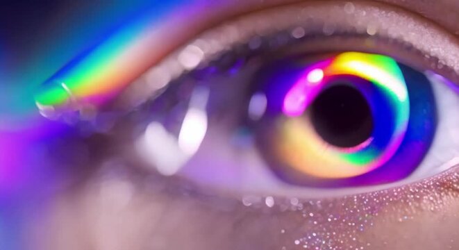 holographic rainbow eye closeup