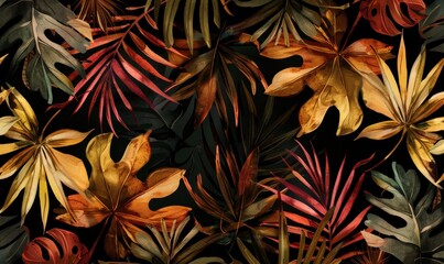 Abstract trendy  pattern with bright tropical leaves and plants on a dark background wallpaper