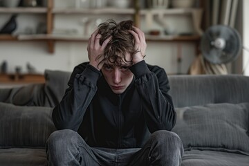 Obraz premium Portrait of depressed young man sitting at home