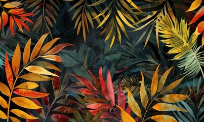 Fototapeta na wymiar Abstract trendy pattern with bright tropical leaves and plants on a dark background wallpaper