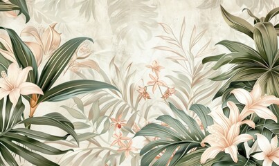 Illustration of tropical wallpaper  tropical flowers,  palm leaves