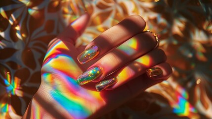 Female hand with bright manicure. Generative AI