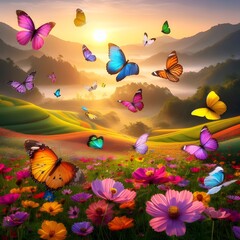 butterflies and flowers, beautiful mountains, 
