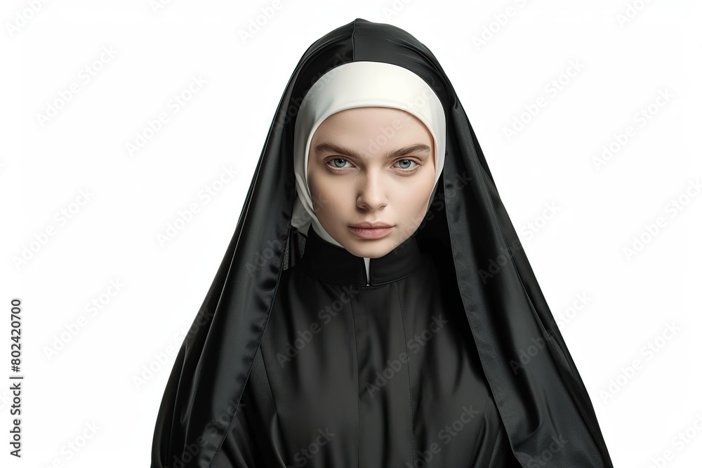 Wall mural Young nun on white background