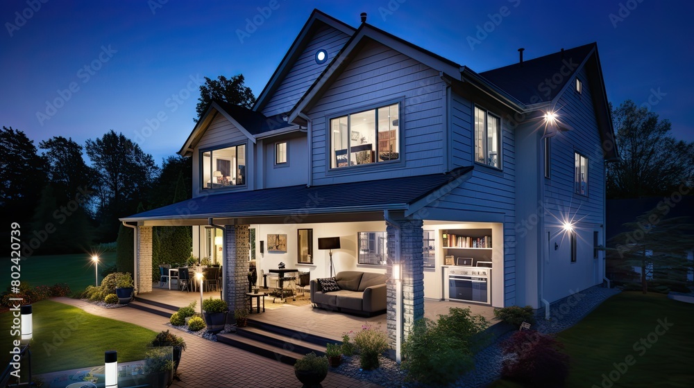Poster Spacious House With Many Windows Illuminated at Night. Generative AI