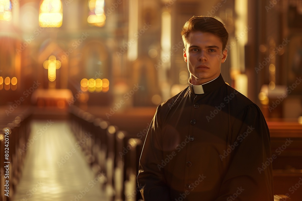 Wall mural young priest on blurred church background