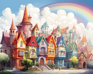 AI generated illustration of charming rainbow fantasy row houses in multiple bright colors