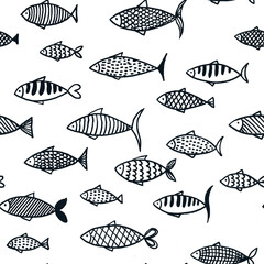 Hand drawn line art seamless pattern with many black lined different fish on white background.Print cards,invitations,design