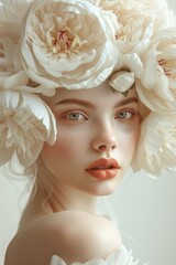 realistic Illustration of a beautiful woman with large peonies on her head. fashion beauty portrait, vertical