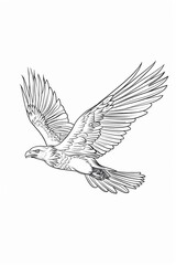 An eagle with outstretched wings is flying to the right. The image is a line drawing.