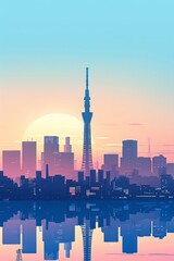 Obraz premium Cityscape of a large city with a tower in the center. The sky is a gradient of blue and pink. The city is reflected in the water below.