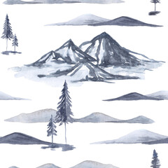Watercolor seamless pattern with mountains,,hills,wood fir trees in grey blue color as scandinavian background.Nordic northern landscape,environment concept.