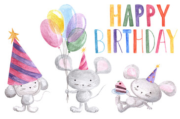 Obraz na płótnie Canvas Watercolor set of cartoon mice in party hats holding plate with cake piece,bunch of balloons and written word 