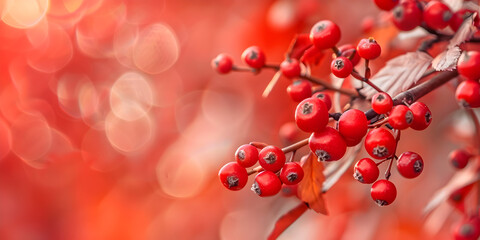 A branch of tree and Red berries hanging on it on a red bokeh background.