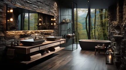 Stone Wall Bathroom With Tub. Generative AI