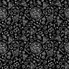 Seamless pattern of hand drawn line art white vegetarian pizza ingredients: bell pepper, tomatoes, cheese, onion, olive, basil.Pizza wheel and slices of fast food on black background