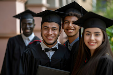 Fototapeta premium Group of young graduate students in graduation gown and cap standing on a college campus