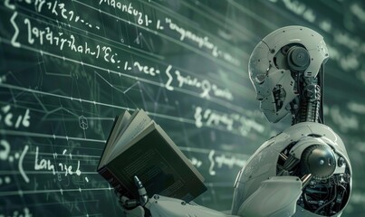 robot holding an open book with mathematical equations and formulas on the background