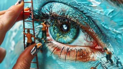 A close-up of a woman's eye with a painted face and a man on scaffolding in the iris.

