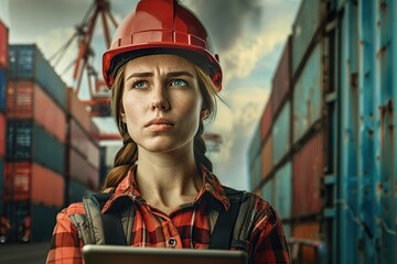 Female worker in uniform holding tablet and standing on containers yard - Powered by Adobe