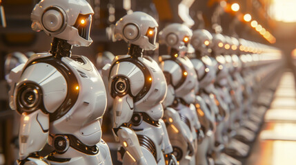 A row of robots stand in a line, all of them white