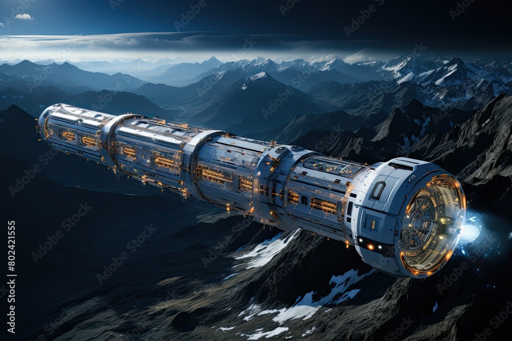 Aufkleber futuristic space station floating above mountain range. generative ai
