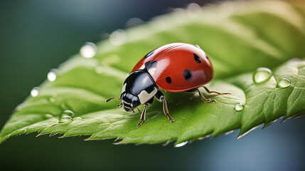 Fototapeta premium Red lady bug on a bright green leaf