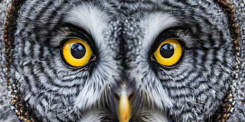 Portrait of Great Grey Owl and yellow eyes Strix nebulosa, a very large owl face close up.