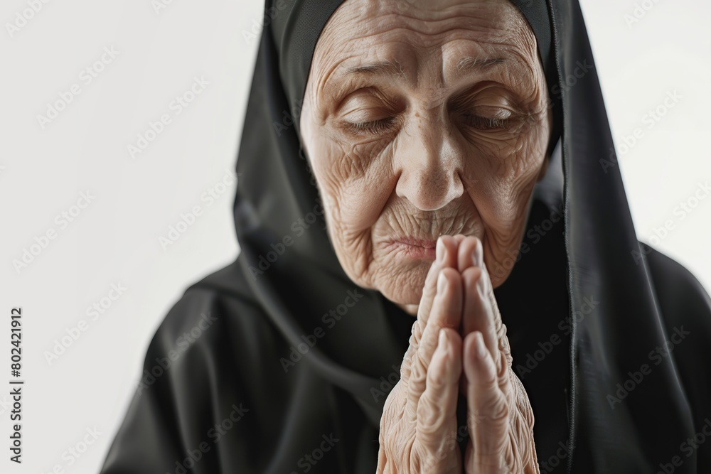 Wall mural Senior nun on white background