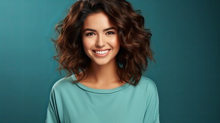 Fototapeta premium Smiling Woman With Long Hair in Green Shirt. Generative AI