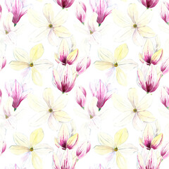 Seamless pattern of watercolor Magnolia blooming flowers. Hand drawn illustration. Botanical hand painted floral elements. On white  background. For print decoration, fabric, wallpaper wrapping