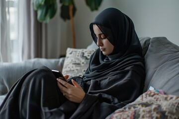 Portrait of young arabian girl in hijab using phone and sitting on sofa. Muslim woman
