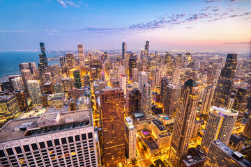 Illuminated Chicago Aerial Skyline View at Dusk