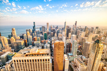 Chicago Aerial Skyline View at Sunset