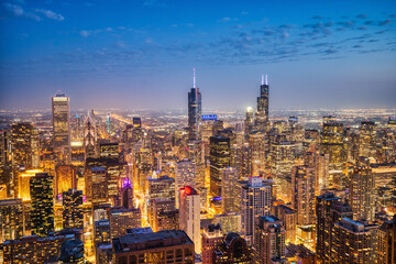 Fototapeta na wymiar Illuminated Chicago Aerial Skyline View at Dusk