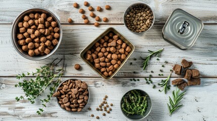 pet food and supplies arranged on a rustic wooden table, captured in wide-angle detail, in a professional photoshoot featuring high-resolution imagery with cinematic appeal.