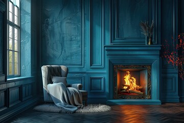Cozy living room with one wall painted a deep, calming blue and a crackling fireplace that casts a warm glow on the room. A plush armchair upholstered in a soft grey fabric sits beside the fireplace - Powered by Adobe