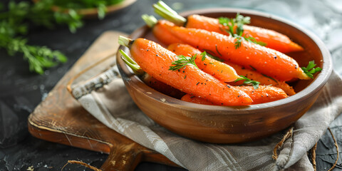 A close up view of carrots and food on a wooden bowl of vegetables on a wooden cutting board for tradition in an empty room.