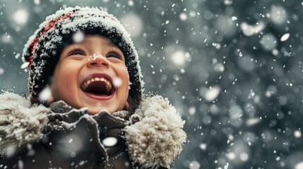 A small child in winter clothes stands outside in the snow, laughs and has fun.