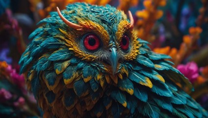 owl with colored feathers, fantasy