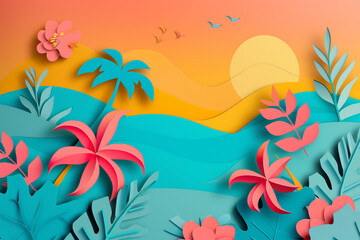 Summer background with beach vacation holiday theme with pink wave layer and copy space,Vector Top view paper cut of tropical summer design, palm leaves and cloud on blue sky background