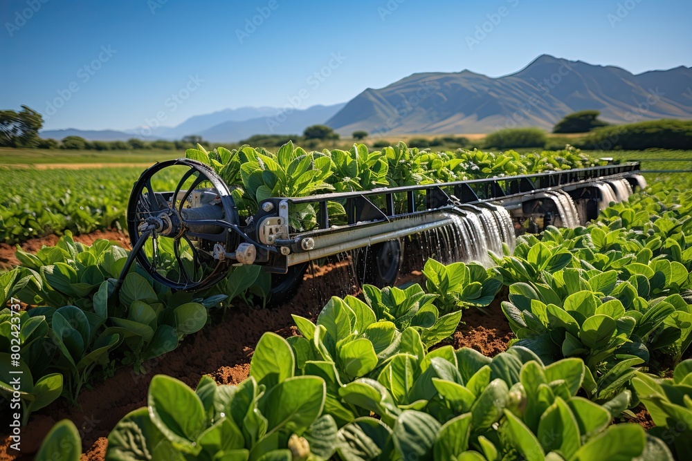 Poster lush green plants in foreground of farm with mountain backdrop. generative ai